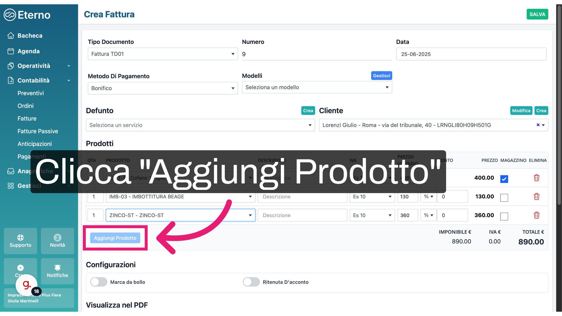 Clicca 'Aggiungi Prodotto'