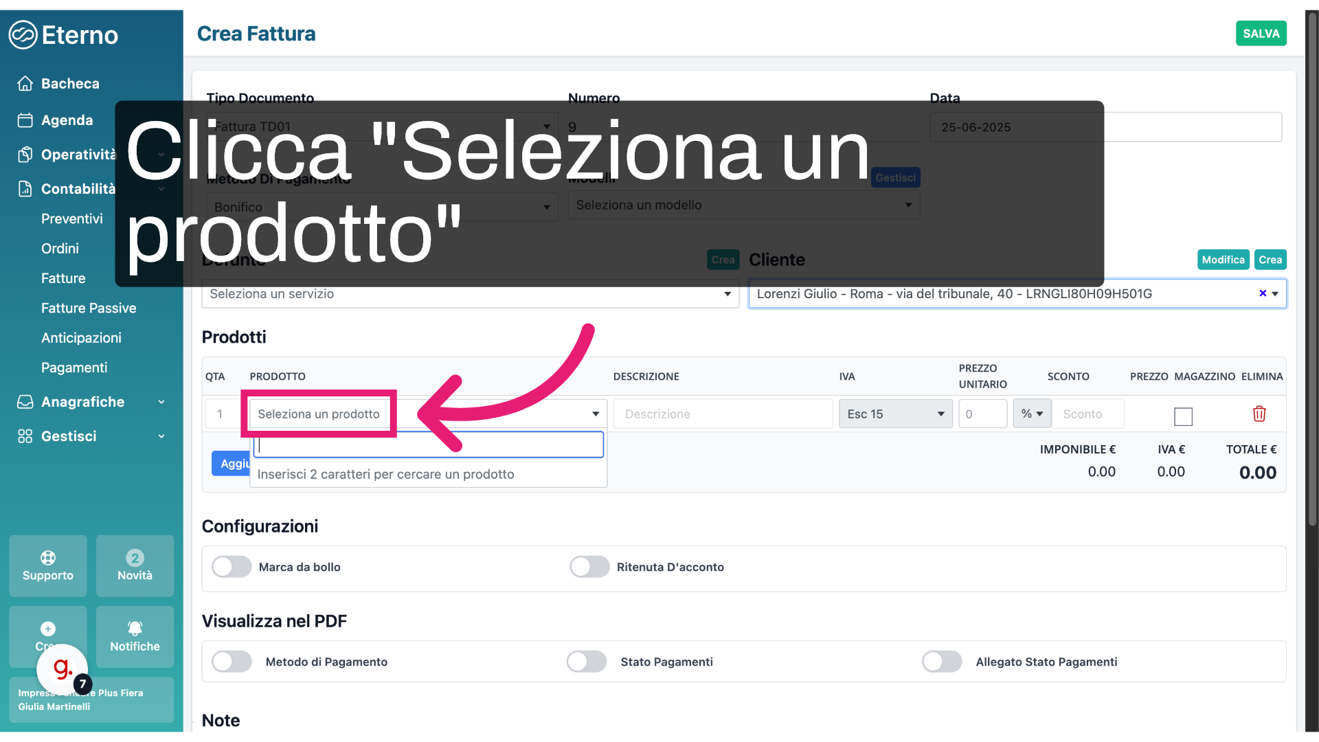 Clicca 'Seleziona un prodotto'