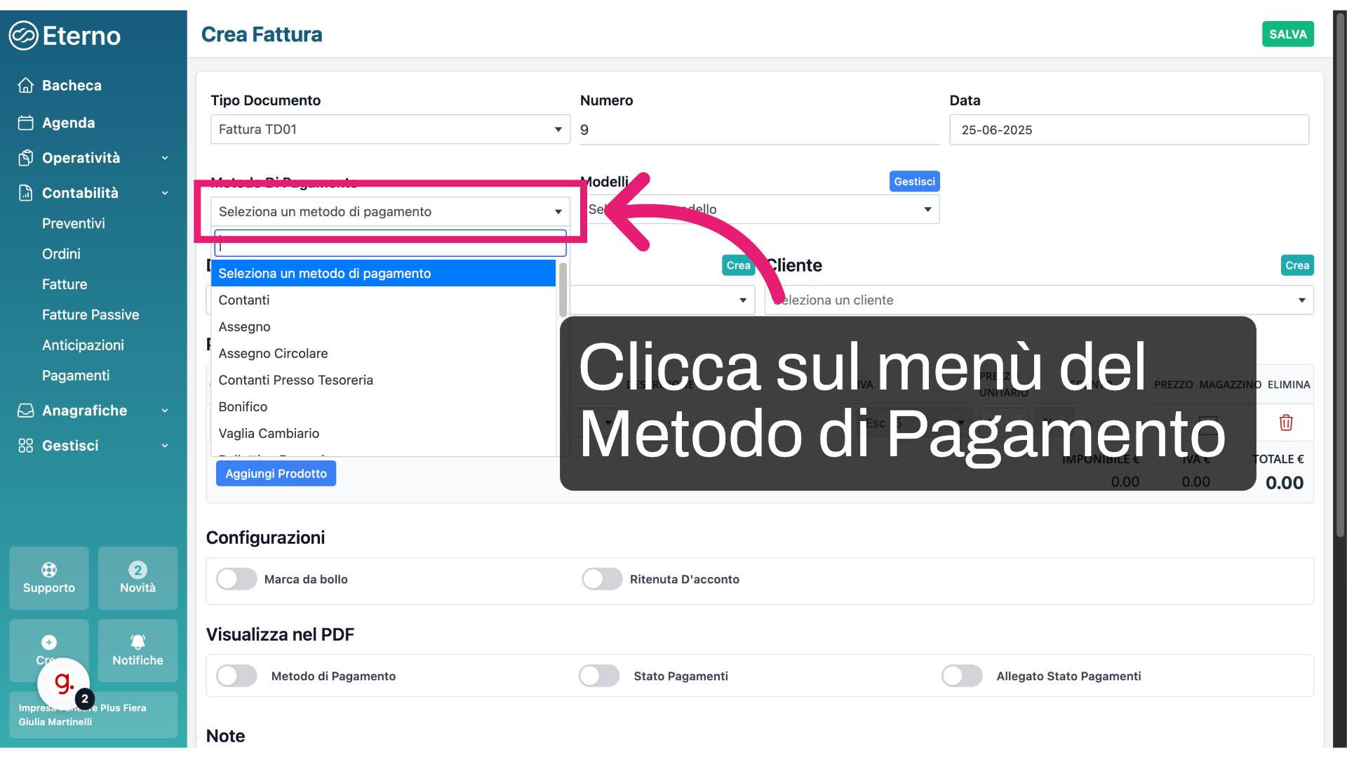Clicca 'Seleziona un metodo di pagamento'